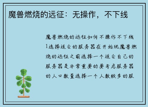 魔兽燃烧的远征：无操作，不下线